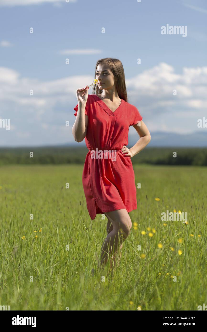 20 enne ragazza in abito rosso annusando un fiore giallo in un campo in una giornata di sole Foto Stock
