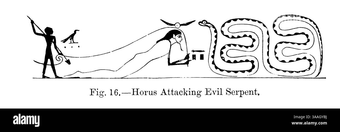 Horus attacca il serpente del male. Horus noto anche come Heru, Har, Her, o Hor in Ancient Egyptian, è una delle divinità egizie più significative che servì molte funzioni, in particolare come il dio della regalità, della guarigione, della protezione, del sole e del cielo dal libro Graven in the rock : or, l'accuratezza storica della Bibbia confermata dal riferimento ai monumenti assiri ed egiziani nel British Museum e altrove da Kinns, Samuel, 1826-1903 data di pubblicazione 1891 Foto Stock