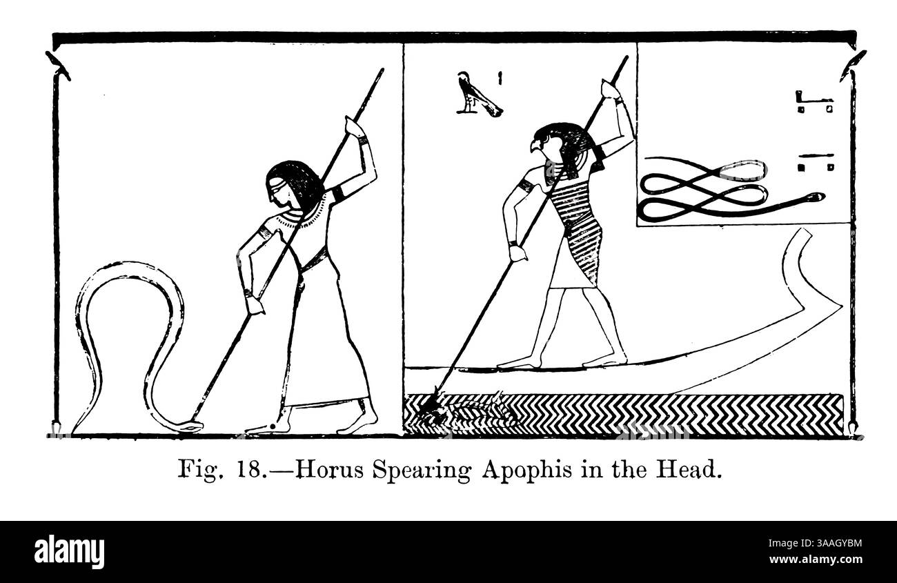 Horus lancia Apophis in testa. Horus, noto anche come Heru, Har, Her o Hor nell'antico egizio, è una delle divinità egizie più significative che servì molte funzioni, in particolare come il dio della regalità, della guarigione, della protezione, del sole e del cielo dal libro Graven in the rock : oppure, l'accuratezza storica della Bibbia confermata dal riferimento ai monumenti assiri ed egizi nel British Museum e altrove da Kinns, Samuel, 1826-1903 pubblicazione datata 1891 dal libro Graven in the rock : or, l'accuratezza storica della Bibbia confermata con riferimento all'assiro Foto Stock
