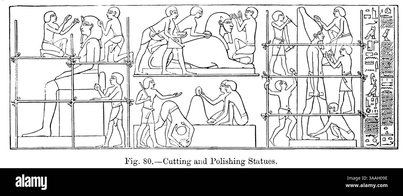 Taglio e lucidatura di statue dal libro Graven in the Rock : or, The Historical accurate of the Bible confirmed by reference to the Assyrian and Egyptian Monuments in the British Museum and other by Kinns, Samuel, 1826-1903 data di pubblicazione 1891 Foto Stock