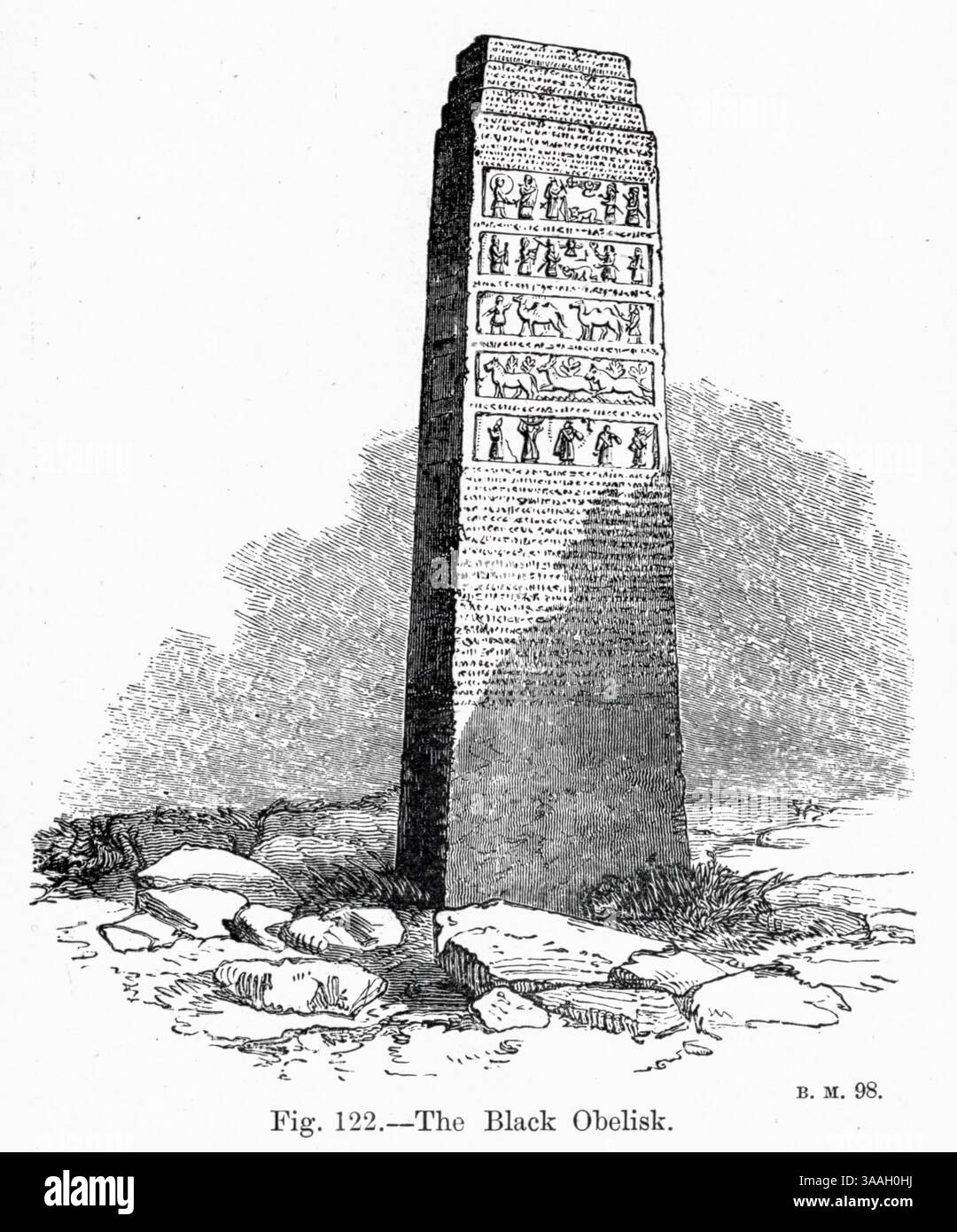 L'Obelisco Nero di Shalmaneser III è una scultura neo-assira di calcare nero con molte scene in bassorilievo e iscrizioni. Proviene da Nimrud (antica Kalhu), nel nord dell'Iraq, e commemora le gesta del re Shalmaneser III (regnante dal 858 al 824 a.C.). È in mostra al British Museum di Londra dal libro Graven in the Rock : or, The Historical accurate of the Bible confirmed by reference to the Assyrian and Egyptian monuments in the British Museum and other by Kinns, Samuel, 1826-1903 data di pubblicazione 1891 Foto Stock