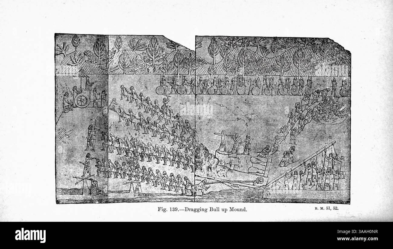 Trascinando il toro su tumulo dal libro Graven in the rock : or, The Historical accurate of the Bible confirmed by reference to the Assyrian and Egyptian Monuments in the British Museum and other by Kinns, Samuel, 1826-1903 pubblicazione data 1891 Foto Stock