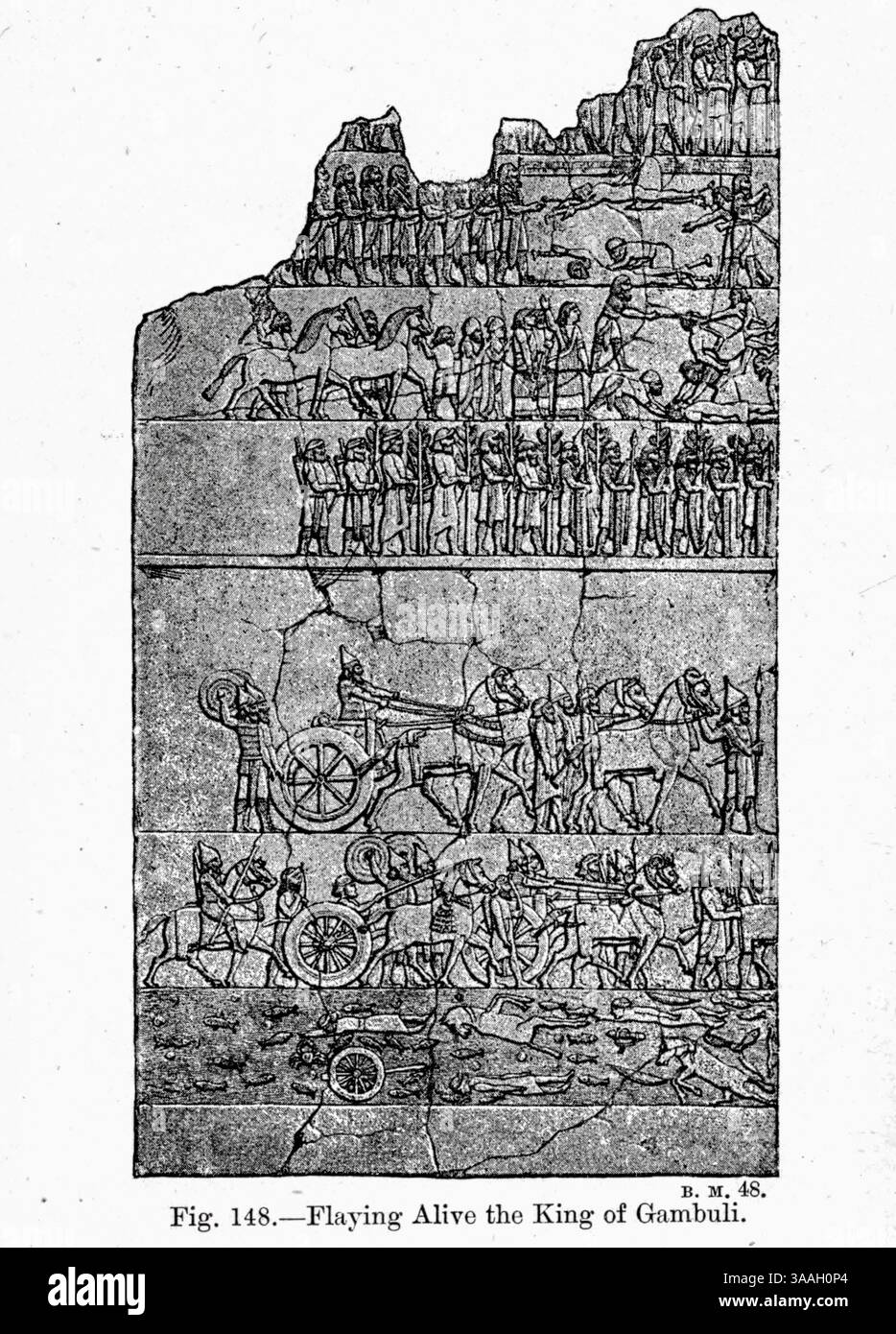 Sventolare vivo il re del Gambuli. I Gambulu, Gambulai o Gambuli erano una tribù di Arameani nell'antica Babilonia. Erano la tribù più potente lungo il confine orientale di Babilonia, o a sud verso il confine con l'Elam. Dal libro Graven in the rock : or, The Historical accurate of the Bible confirmed by reference to the Assyrian and Egyptian Monuments in the British Museum and other by Kinns, Samuel, 1826-1903 pubblicazione data 1891 Foto Stock