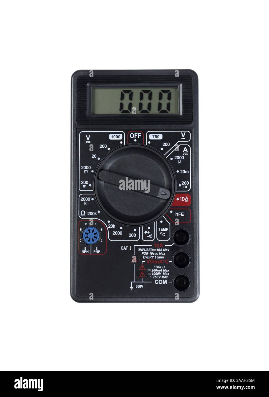 Multimetro digitale isolato su sfondo bianco. Tester elettrico Foto Stock