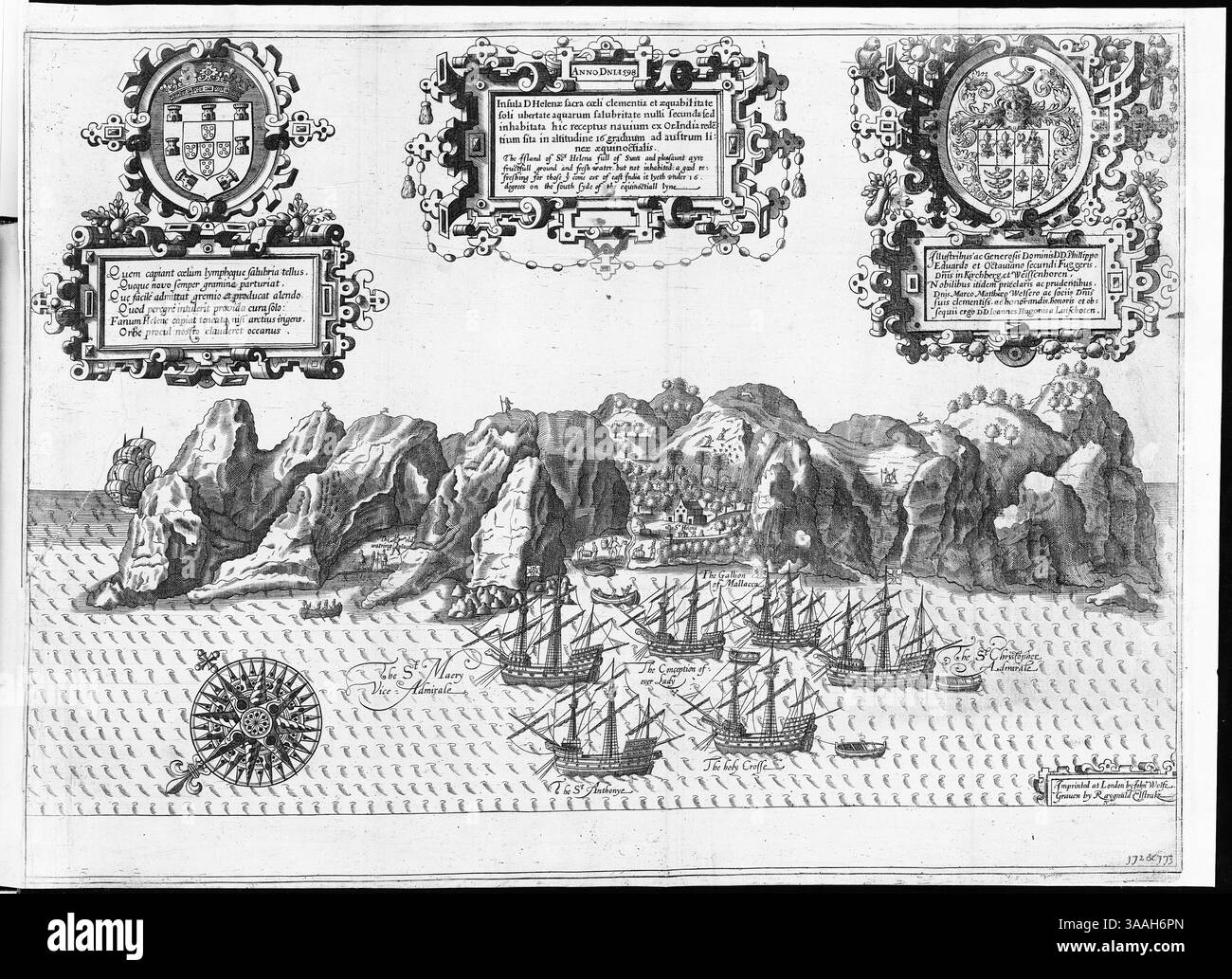 Navi portoghesi ancorate nel porto dell'isola di Sant'Elena nel maggio 1589. Dal libro olandese Vista dell'isola di Sant'Elena. Foto Stock