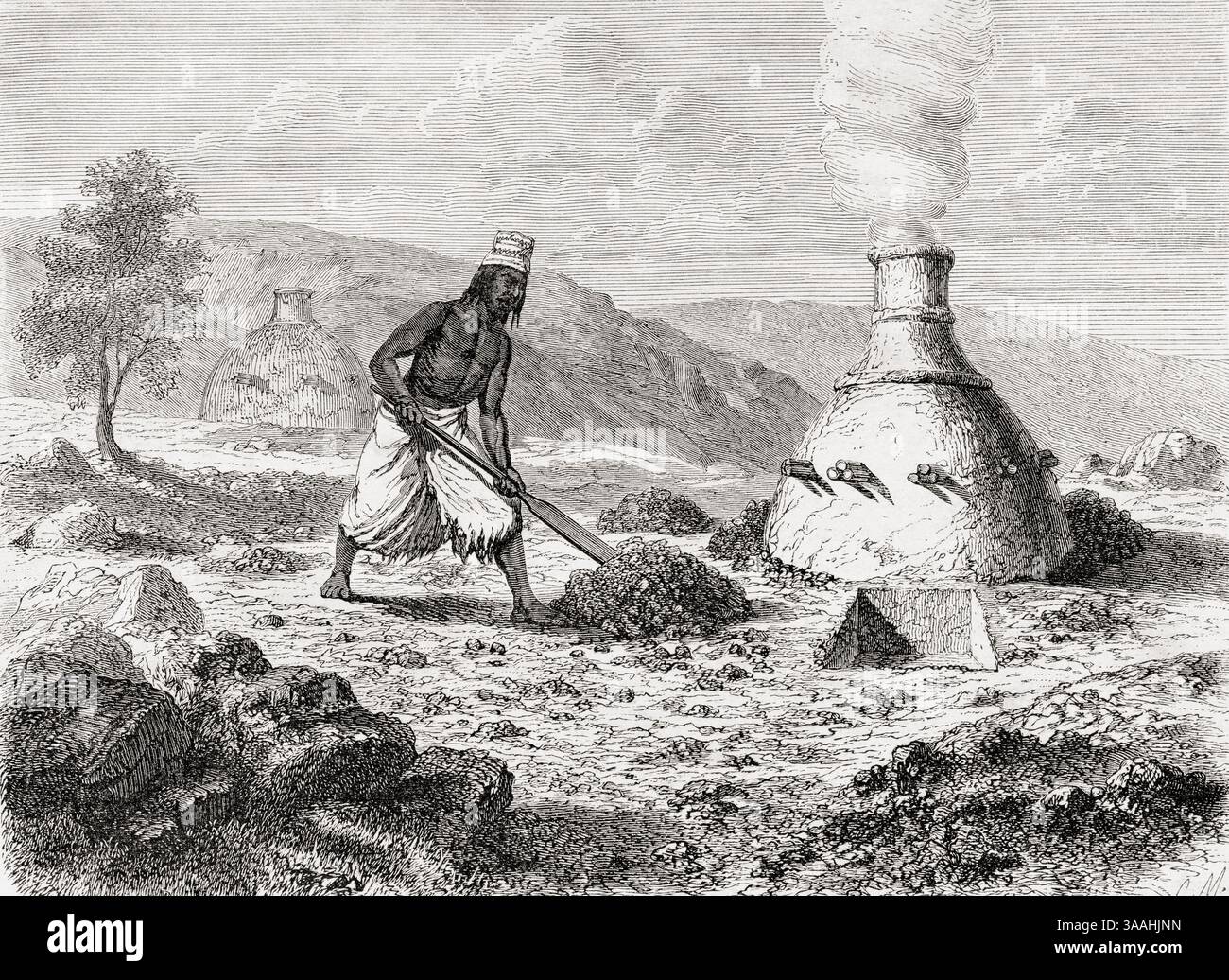 Fusione di minerale di ferro a Fouta-Djallon, XIX secolo. Da Voyage dans le Fouta-Djalon por M. Lambert, Execute d'apres les ordres du Colonel Faidherbe, Gouverneur du Senegal o Voyage nella regione di Fouta-Djallon da M. Lambert, giustiziato secondo gli ordini del colonnello Faidherbe, governatore del Senegal. Da le Tour du Monde, pubblicato nel 1861. Foto Stock