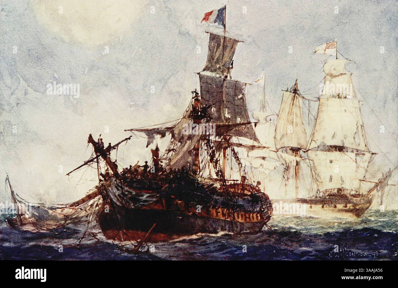 Azione tra H.M.S. Phoenix e il francese Frigate Didon. 10 agosto 1805 dalla Royal Navy pubblicato nel 1907 dipinto da Norman L. Wilkinson Norman Wilkinson CBE RI era un artista britannico che di solito lavorava in oli, acquerelli e punto di arido. Era principalmente un pittore marino, ma anche un illustratore, artista di poster e camoufleur in tempo di guerra. Wilkinson inventò la pittura abbagliante per proteggere le navi mercantili durante la prima guerra mondiale. Foto Stock