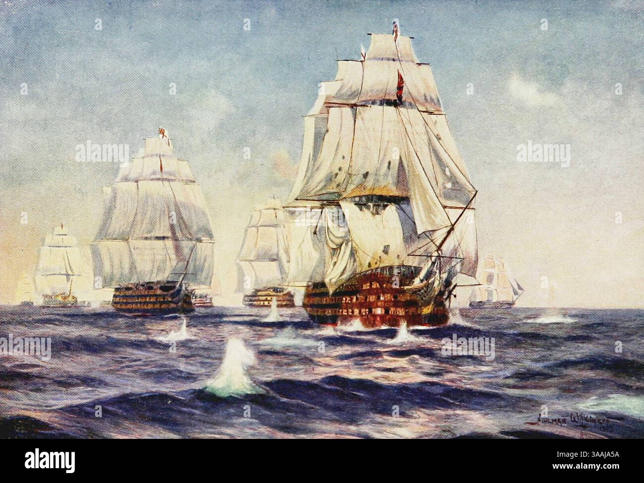 La nave ammiraglia di Lord Nelson che conduce la linea meteorologica in azione a Trafalgar. 21 ottobre 1805 dalla Royal Navy pubblicato nel 1907 dipinto da Norman L. Wilkinson Norman Wilkinson CBE RI era un artista britannico che lavorava solitamente in oli, acquerelli e punto di arido. Era principalmente un pittore marino, ma anche un illustratore, artista di poster e camoufleur in tempo di guerra. Wilkinson inventò la pittura abbagliante per proteggere le navi mercantili durante la prima guerra mondiale. Foto Stock