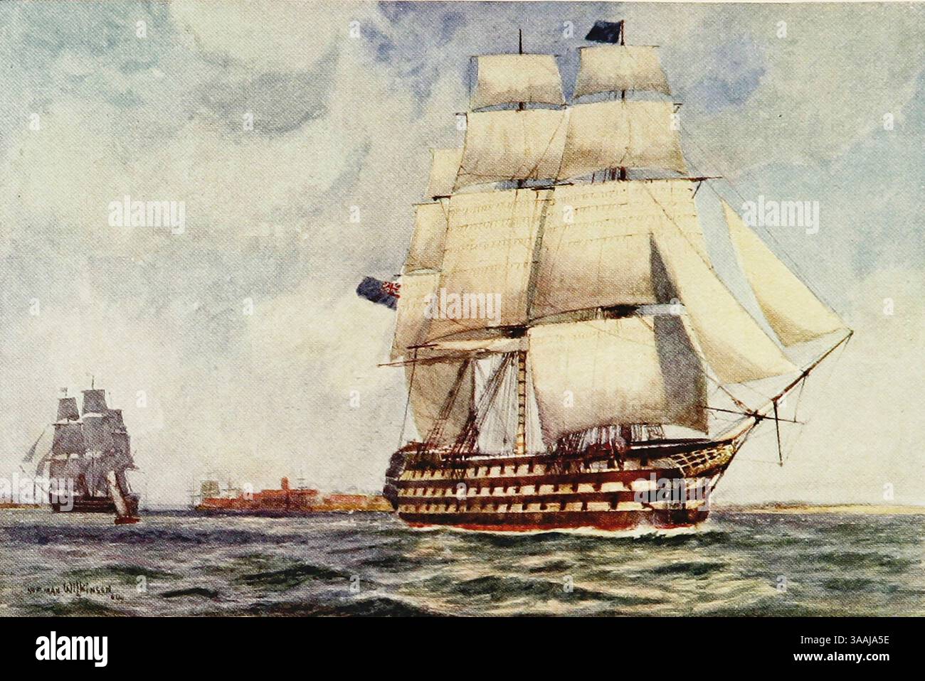 H.M.S. Battleship Queen. 1839 dalla Royal Navy pubblicato nel 1907 dipinto da Norman L. Wilkinson Norman Wilkinson CBE RI era un artista britannico che di solito lavorava in oli, acquerelli e punto di arido. Era principalmente un pittore marino, ma anche un illustratore, artista di poster e camoufleur in tempo di guerra. Wilkinson inventò la pittura abbagliante per proteggere le navi mercantili durante la prima guerra mondiale. Foto Stock