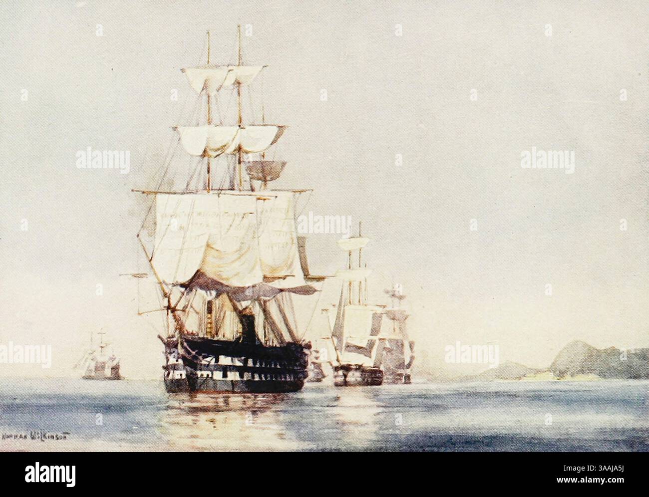 Navi da battaglia ausiliarie a vapore della Royal Navy pubblicato nel 1907 dipinte da Norman L. Wilkinson Norman Wilkinson CBE RI era un artista britannico che di solito lavorava in oli, acquerelli e punto di arido. Era principalmente un pittore marino, ma anche un illustratore, artista di poster e camoufleur in tempo di guerra. Wilkinson inventò la pittura abbagliante per proteggere le navi mercantili durante la prima guerra mondiale. Foto Stock