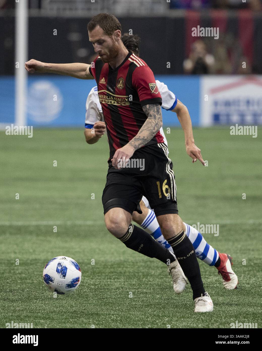 28 aprile 2018 - Atlanta, Georgia - Atlanta Georgia - 28 aprile 2018: Mercedes-Benz Stadium, Atlanta United vs Montreal Impact. Punteggio finale Atlanta 4, Montreal 1. (Immagine di credito: © Steve Limentani/ISIPhotos via ZUMA Wire) Foto Stock