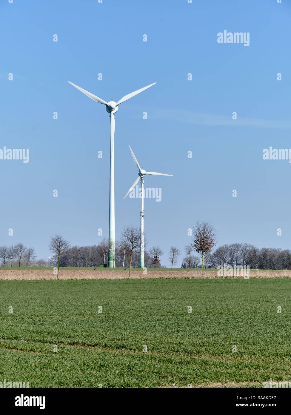 Due vecchie turbine eoliche si trovano in un paesaggio agricolo verde nella bassa Sassonia, in Germania, sotto un cielo azzurro, a simboleggiare l'energia rinnovabile nella Foto Stock