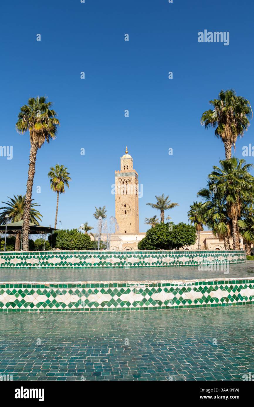 Vista della moschea di Koutoubia a Marrakech, Marocco Foto Stock