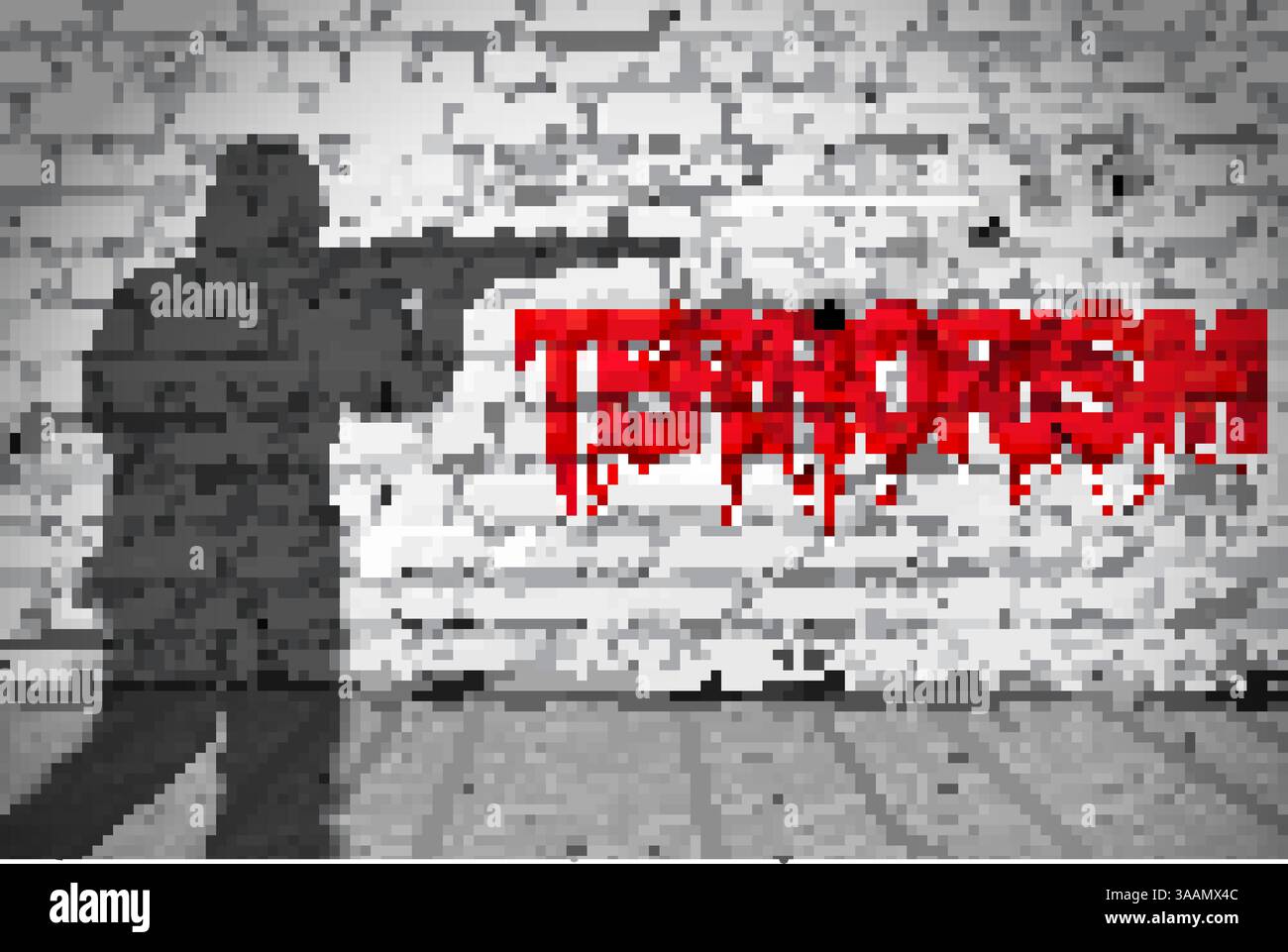 Muro in mattoni con la leggenda terrorismo e marcature proiettili con l'ombra di un uomo con un'illustrazione concettuale. Illustrazione Vettoriale