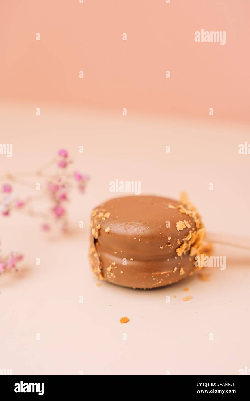 Dessert francesi al cioccolato. Macaron per torte su sfondo rosa, colori pastello, macaroon decorato con noci e cuori diversi, foto verticale. Foto Stock