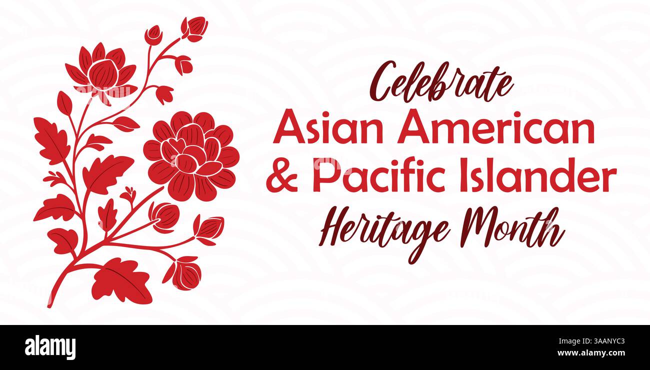 Banner vettoriale del mese asiatico-americano, Pacific Islander Heritage con sagoma del ramo di fiori asiatico disegnata a mano. Biglietto d'auguri, stampa AAPI Illustrazione Vettoriale
