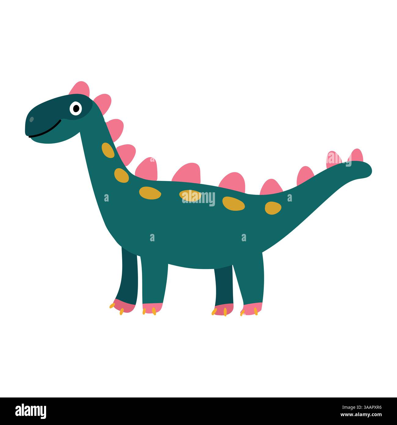 Simpatico dinosauro verde con punte rosa arrotondate e puntini gialli, perfetto per decorazioni a tema dinosauro, grafica per l'apprendimento precoce e illustrazioni per vivai Illustrazione Vettoriale