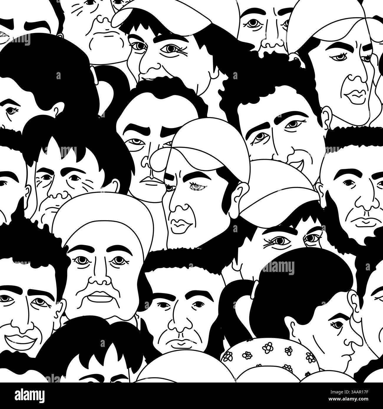 Sfondo bianco e nero con motivo senza cuciture e folla di persone diverse, crea sfondi ripetuti, tessuti e carta da parati. Illustrazione Vettoriale Sfondo bianco e nero con motivo senza cuciture e folla di persone diverse, crea sfondi ripetuti, tessuti e carta da parati. Illustrazione Vettoriale