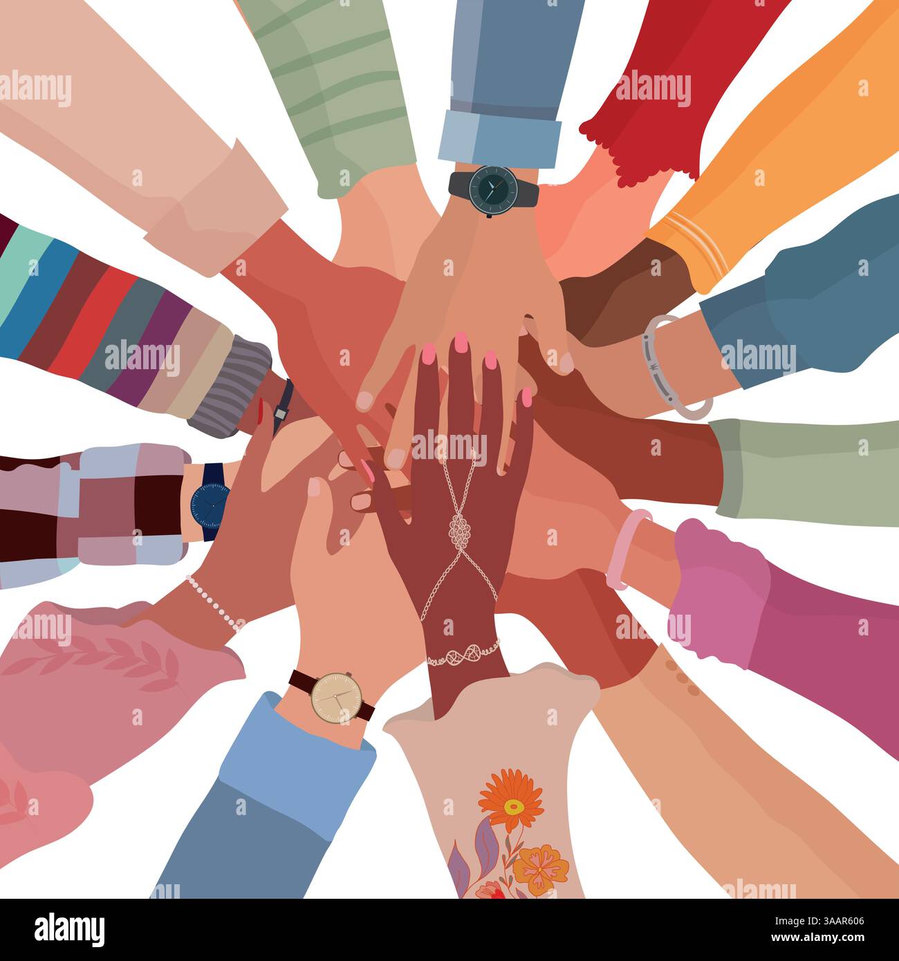 Gruppo isolato mani l'una sull'altra di persone multiculturali. Concetto comunitario di cooperazione per il lavoro di squadra. Cultura diversificata. Uguaglianza diversità inclusione Illustrazione Vettoriale
