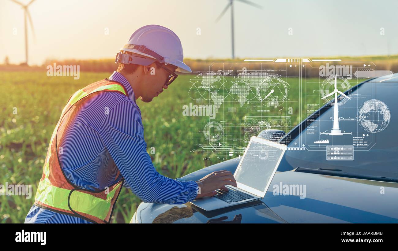 Ingegnere professionista che lavora all'aperto con la tecnologia dei computer portatili all'energia eolica sovrapposizione di sfondo hud grafico Foto Stock Ingegnere professionista che lavora all'aperto con la tecnologia dei computer portatili all'energia eolica sovrapposizione di sfondo hud grafico Foto Stock
