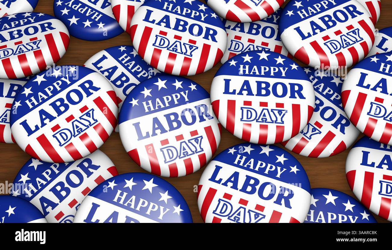 Buona giornata del lavoro concetto di festa dei lavoratori nazionali degli Stati Uniti con i colori e il simbolo della bandiera americana sui distintivi sparsi illustrazione 3D. Foto Stock