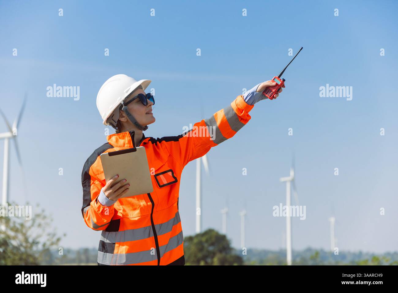 Ingegnere professionista sicurezza dei lavoratori servizio di lavoro manutenzione turbina eolica energia verde sistema di energia pulita verde all'aperto. Foto Stock