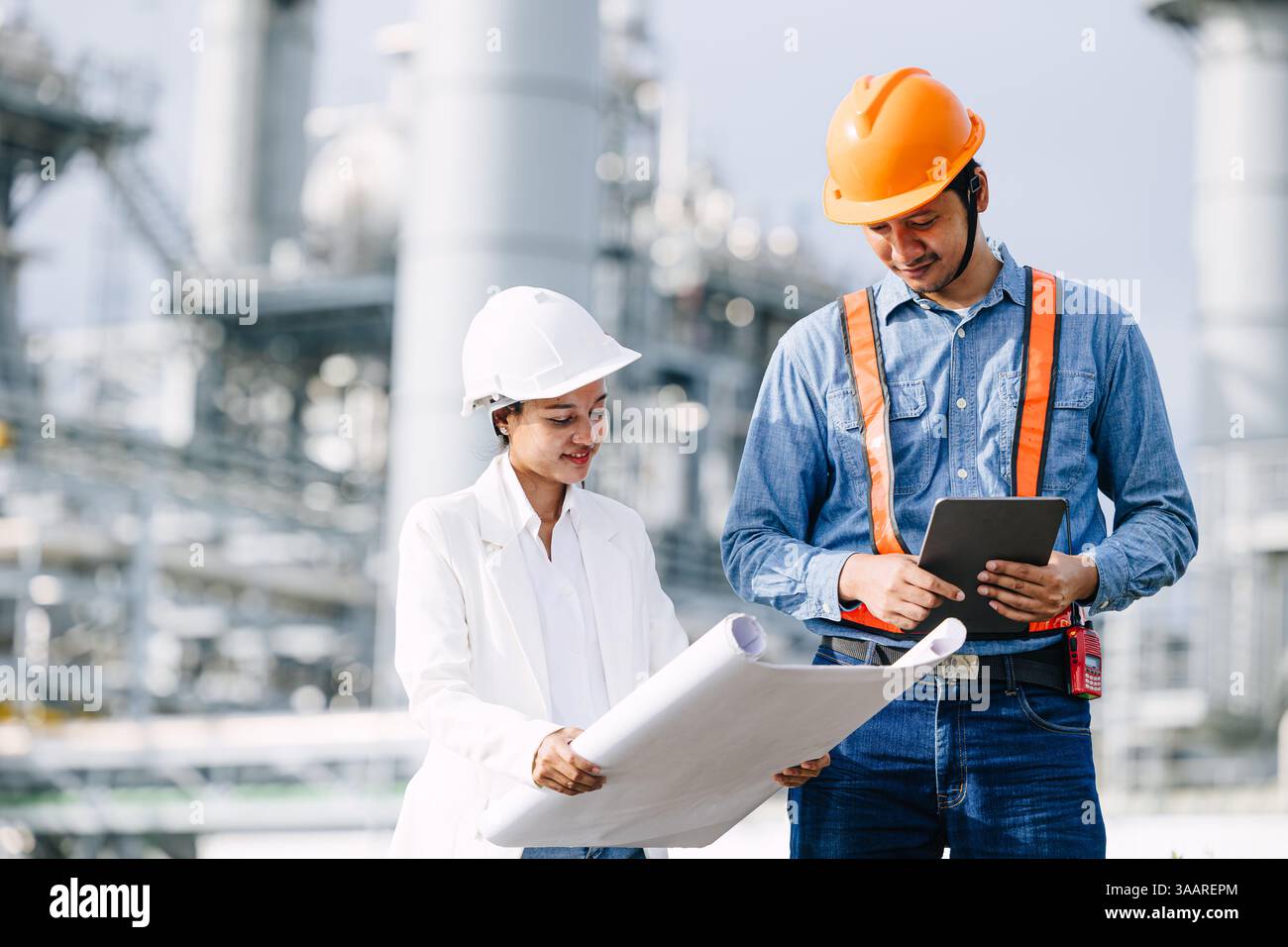 Team di ingegneri professionisti della raffineria petrolifera che lavora per la costruzione di impianti industriali per l'alimentazione di gas e petrolio. Wor professionale per l'industria petrolchimica delle centrali elettriche Foto Stock