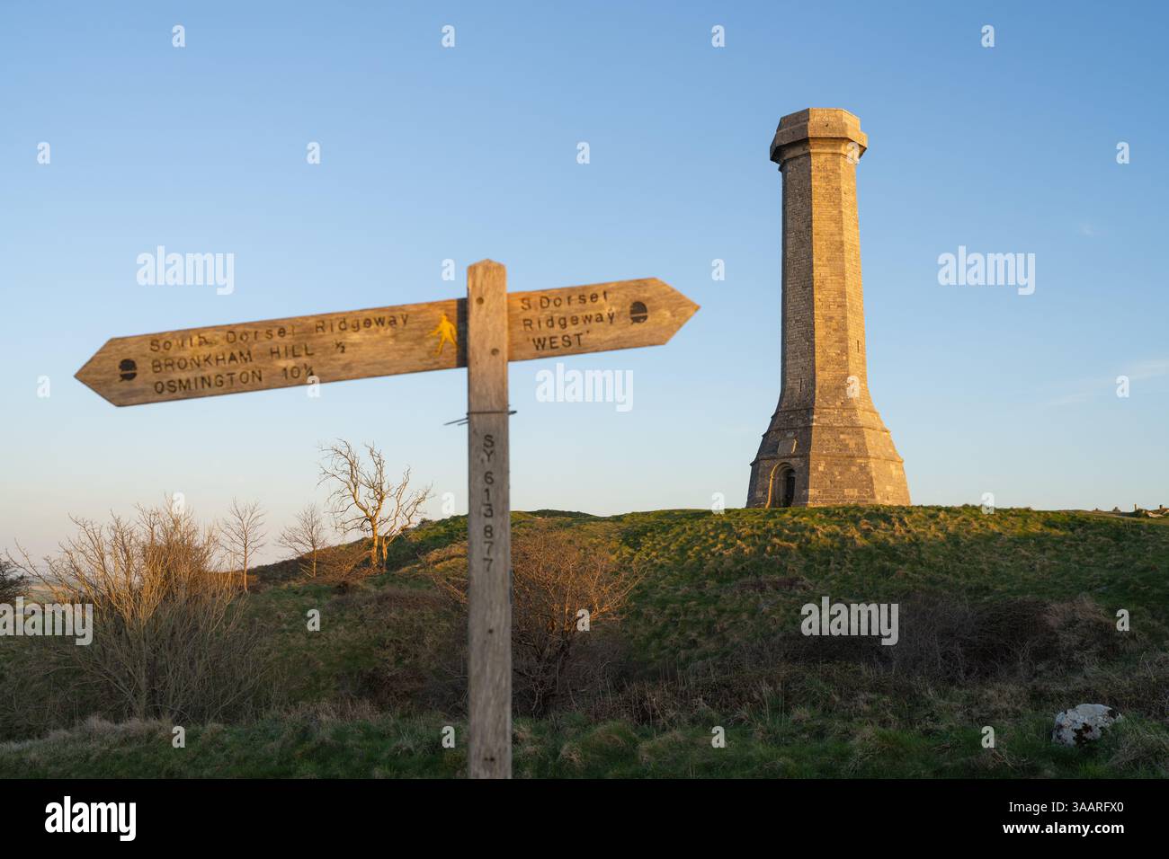 Cartellone South Dorset Ridgeway presso l'Hardy Monument in una giornata di sole, Black Down, Portesham, Dorset, Inghilterra, REGNO UNITO Foto Stock