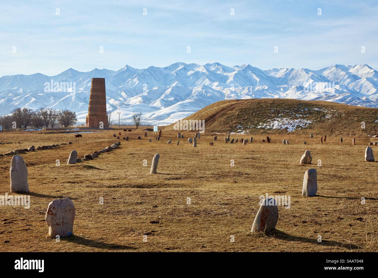 Burana Tower, minareto del IX-XI secolo dello stato del Karakhanide. Luogo turistico, punto di riferimento per i viaggi in Kirghizistan. Rovine dell'insediamento di Buranin, anc Foto Stock