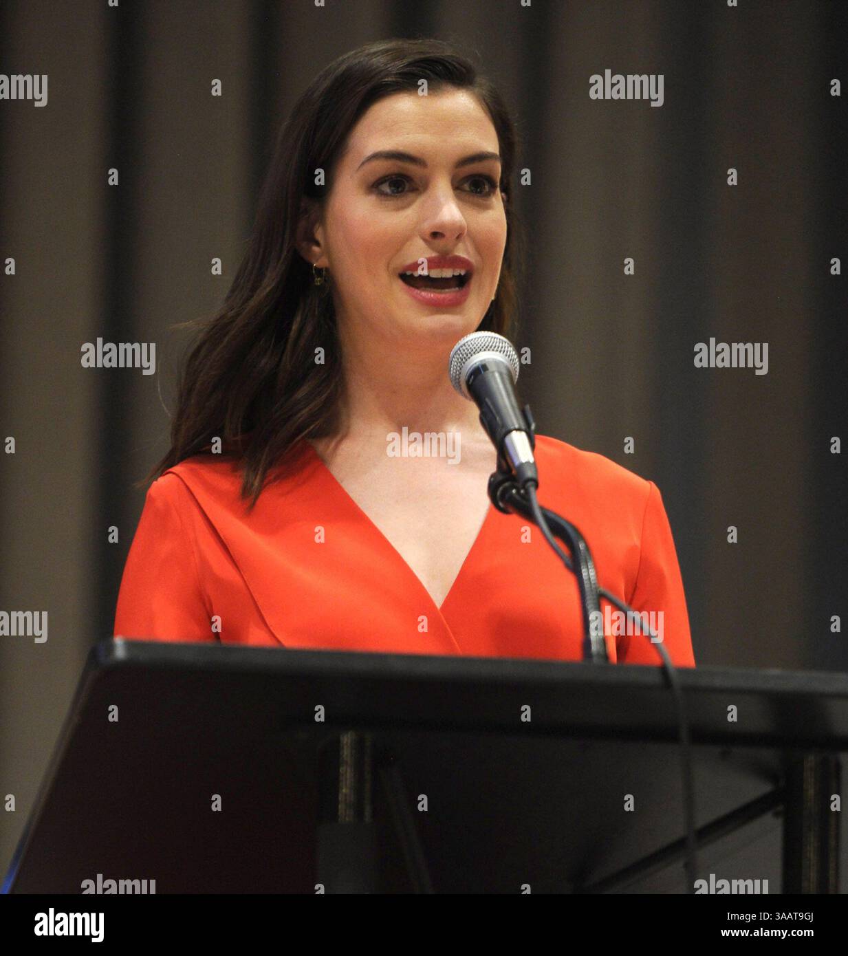31 dicembre 2008 - Manhattan, New York, Stati Uniti d'America - NEW YORK, Stati UNITI d'America - 8 MARZO: L'attrice e ambasciatrice di buona volontà delle Nazioni Unite Anne Hathaway tiene un discorso durante un evento tenuto per la giornata internazionale della donna presso la sede delle Nazioni Unite a New York, Stati Uniti l'8 marzo 2017...persone: Anne Hathaway (immagine di credito: © SMG via ZUMA Wire) Foto Stock