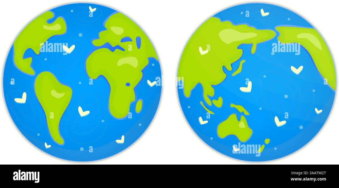 Carino cartone animato del pianeta Terra in due predizioni. Illustrazioni a colori brillanti per Earth Day e Environment Day. Sfera sferica nei colori verde e blu. Eco Illustrazione Vettoriale