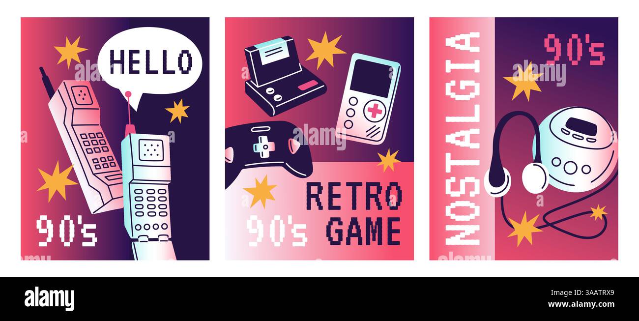 Vecchie carte gadget. cover retrò anni '90, gamepad, cartuccia, cuffie, lettore dischi, radiotelefoni, dispositivi elettronici y2k, poster nostalgici Illustrazione Vettoriale