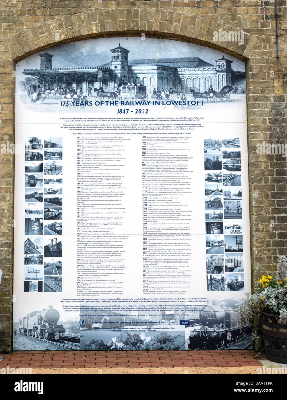 Informazioni sulla storia per turisti e visitatori alla stazione ferroviaria di Lowestoft, Lowestoft, Suffolk, East Anglia, Inghilterra, REGNO UNITO Foto Stock
