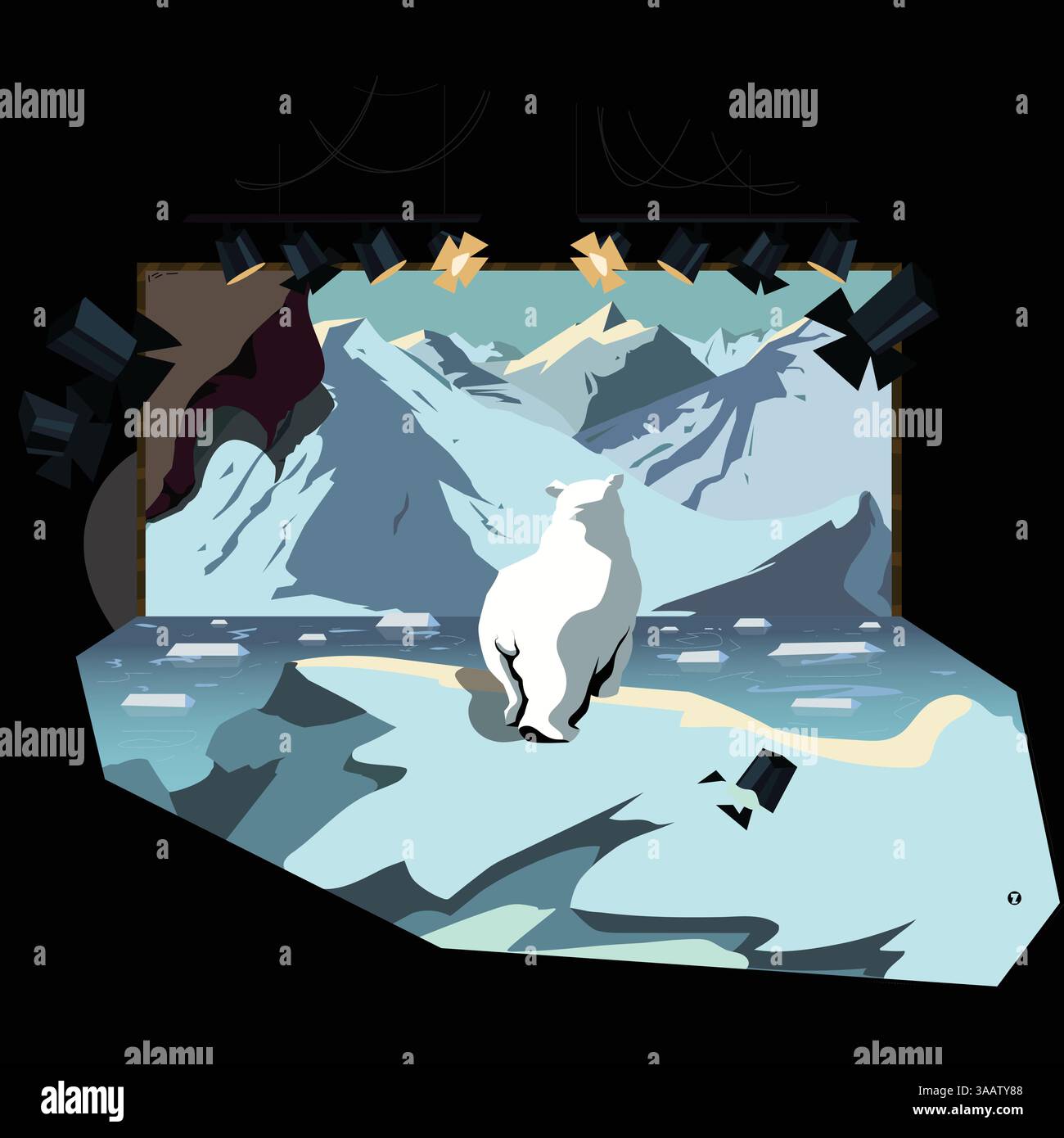 Un orso polare cammina su un terreno ghiacciato in un paesaggio artico stilizzato, ambientato in una scena surreale sotto una scenografia drammatica. Illustrazione Vettoriale