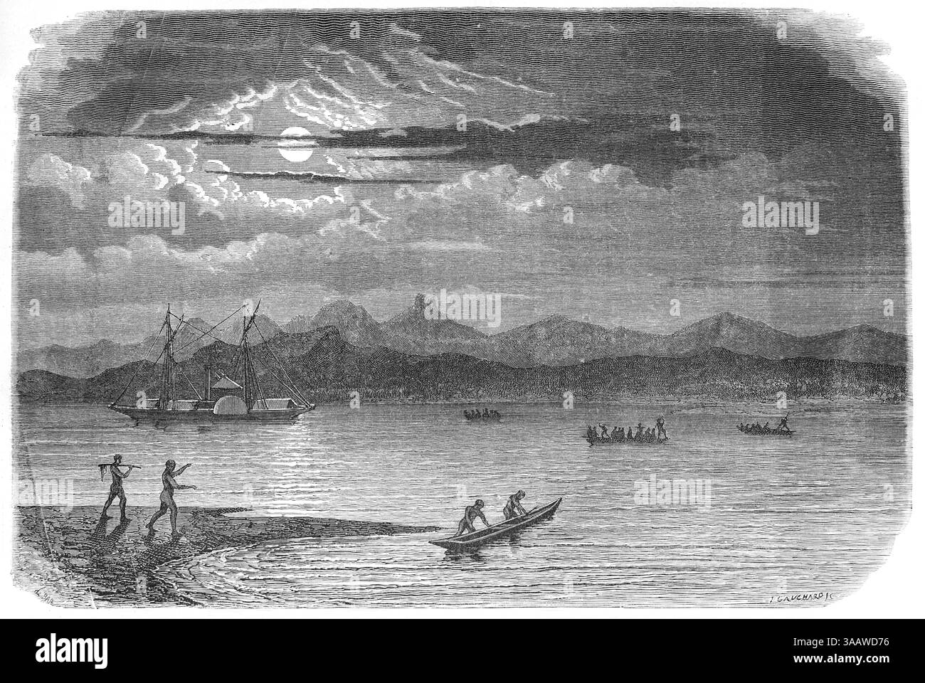 Il ma Robert Steam Boat o Paddle Boat sul fiume Zambesi vicino alla Trade Post o alla stazione commerciale di Vila de Sena, sulla riva orientale dello Zambesi, Mozambico, Africa. Incisione vintage o storica o illustrazione 1866 Foto Stock