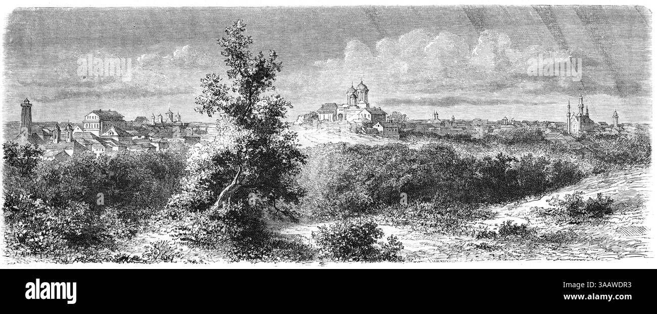 Vista distante, Vista Panoramica o Panoramica di Bucarest Romania. Incisione vintage o storica o illustrazione 1866. Foto Stock