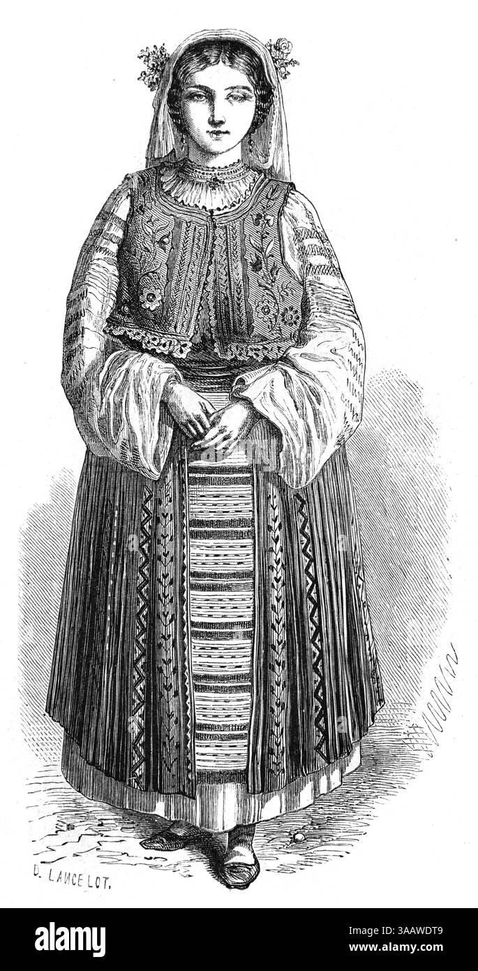 Donna valacca che indossa costumi tradizionali, abbigliamento etnico, abiti etnici o folcloristici, Valacchia o Valacchia, Romania. Incisione vintage o storica o illustrazione 1866 Foto Stock