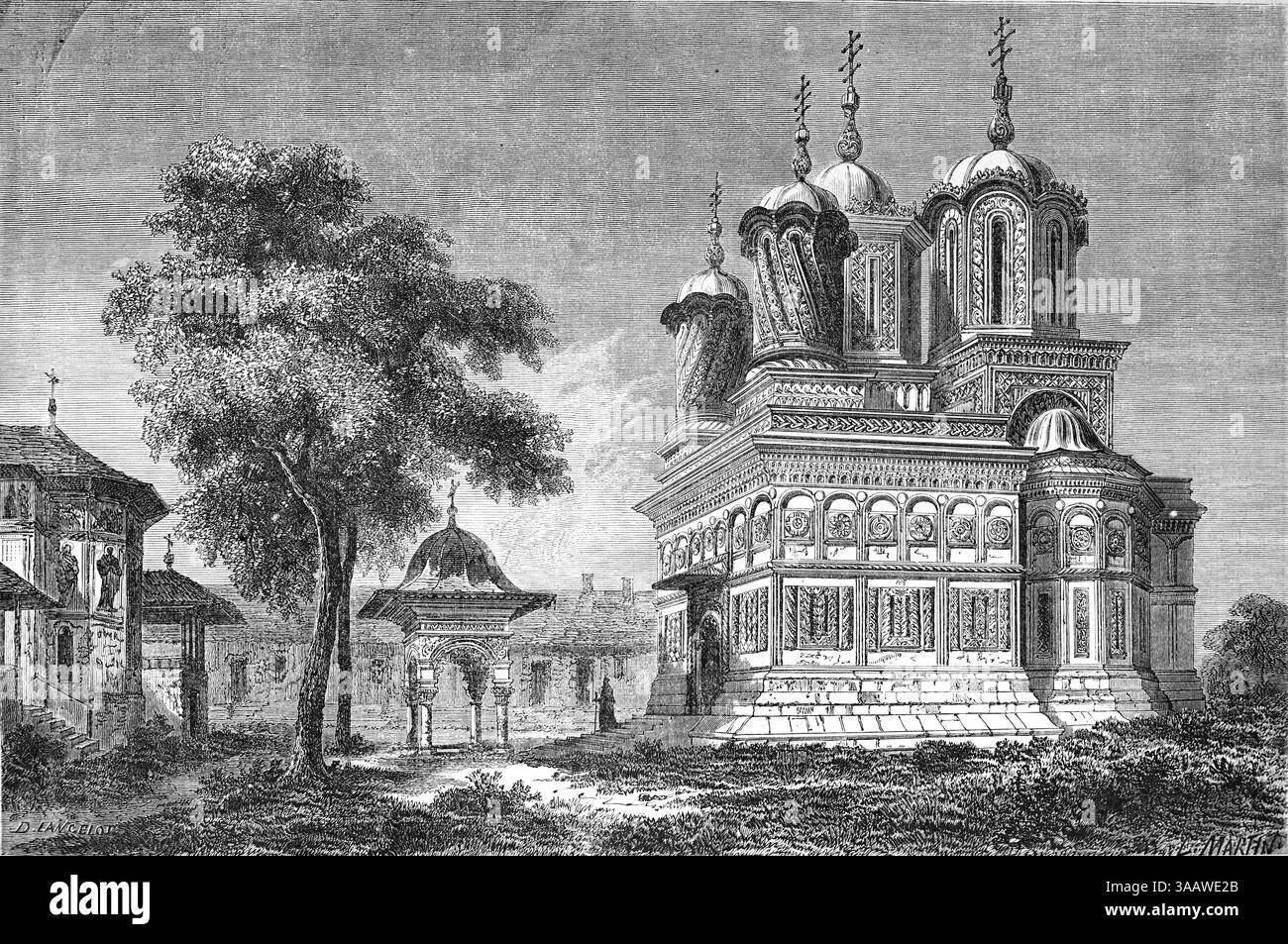 Cattedrale di Curtea de Arges nei terreni del monastero di Curtea de Arges, fondata nel 1517, cattedrale ortodossa rumena, Romania. Incisione vintage o storica o illustrazione 1866 Foto Stock
