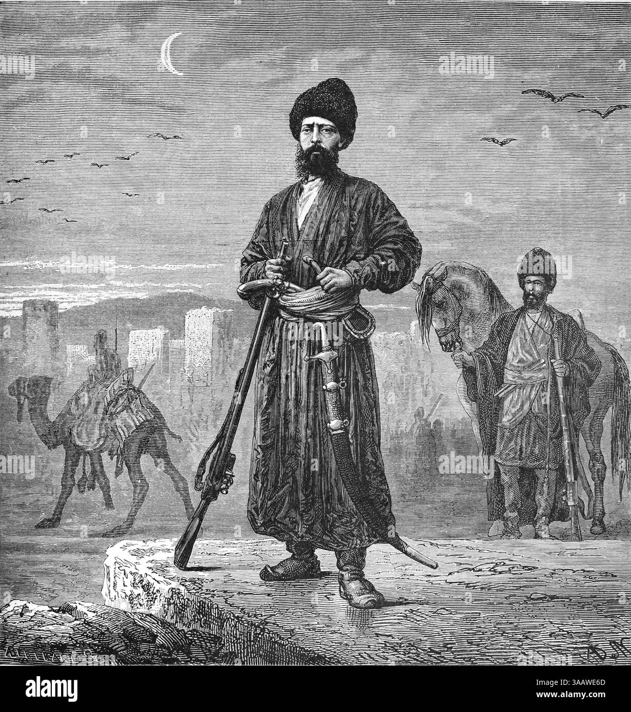 Ritratto a figura intera di Henri de Couliboeuf de Blocqueville, un soldato francese, autore ed esploratore dell'Asia centrale, vestito con abiti turcomani o turcomani. Incisione vintage o storica o illustrazione 1866 Foto Stock