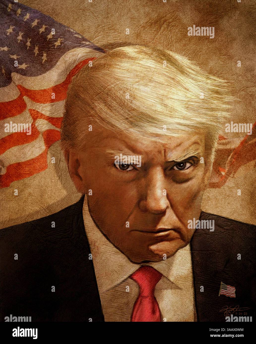 Ritratto di Donald Trump con American Flag che soffia nel vento. Foto Stock