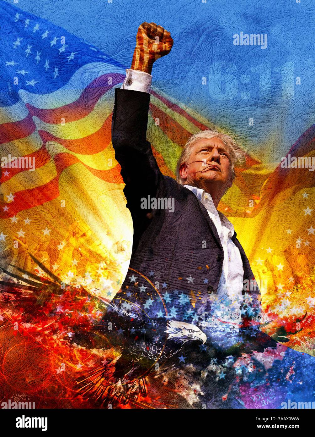 Montaggio di Donald Trump che alza il pugno, con bandiera americana e simboli di patriottismo. Foto Stock