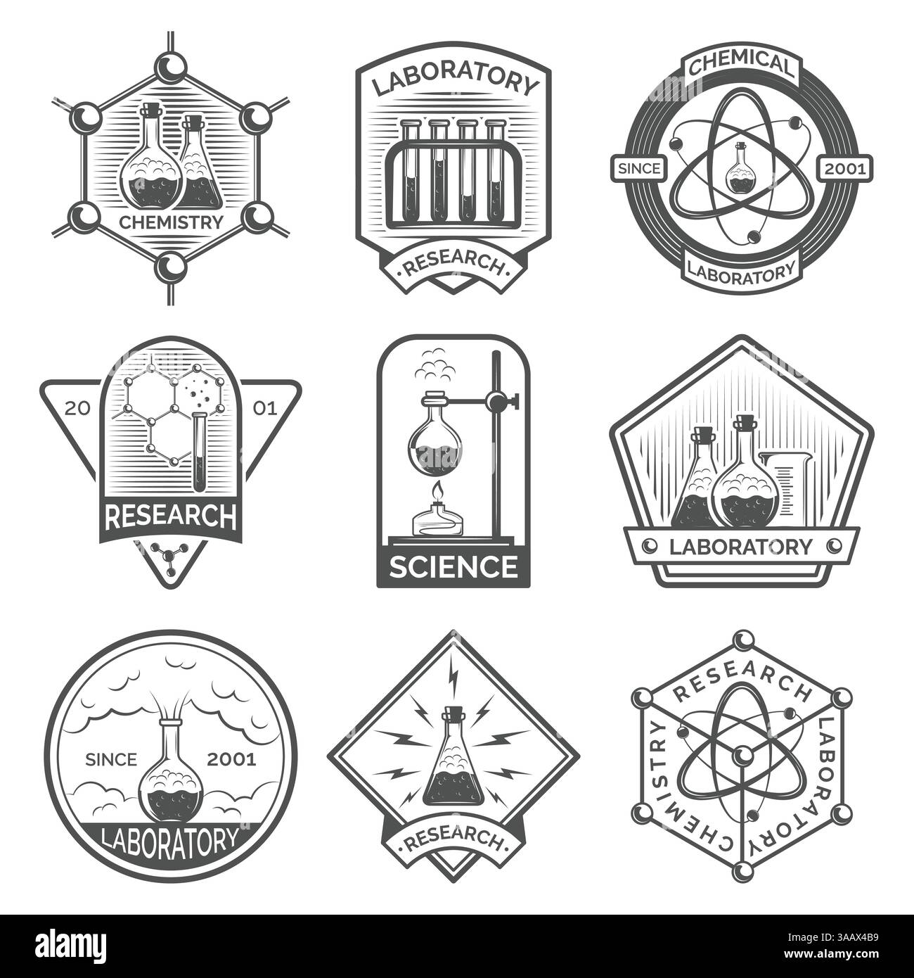 Struttura chimica senza cuciture con formule e apparecchiature da laboratorio. Background vettoriale scientifico Illustrazione Vettoriale