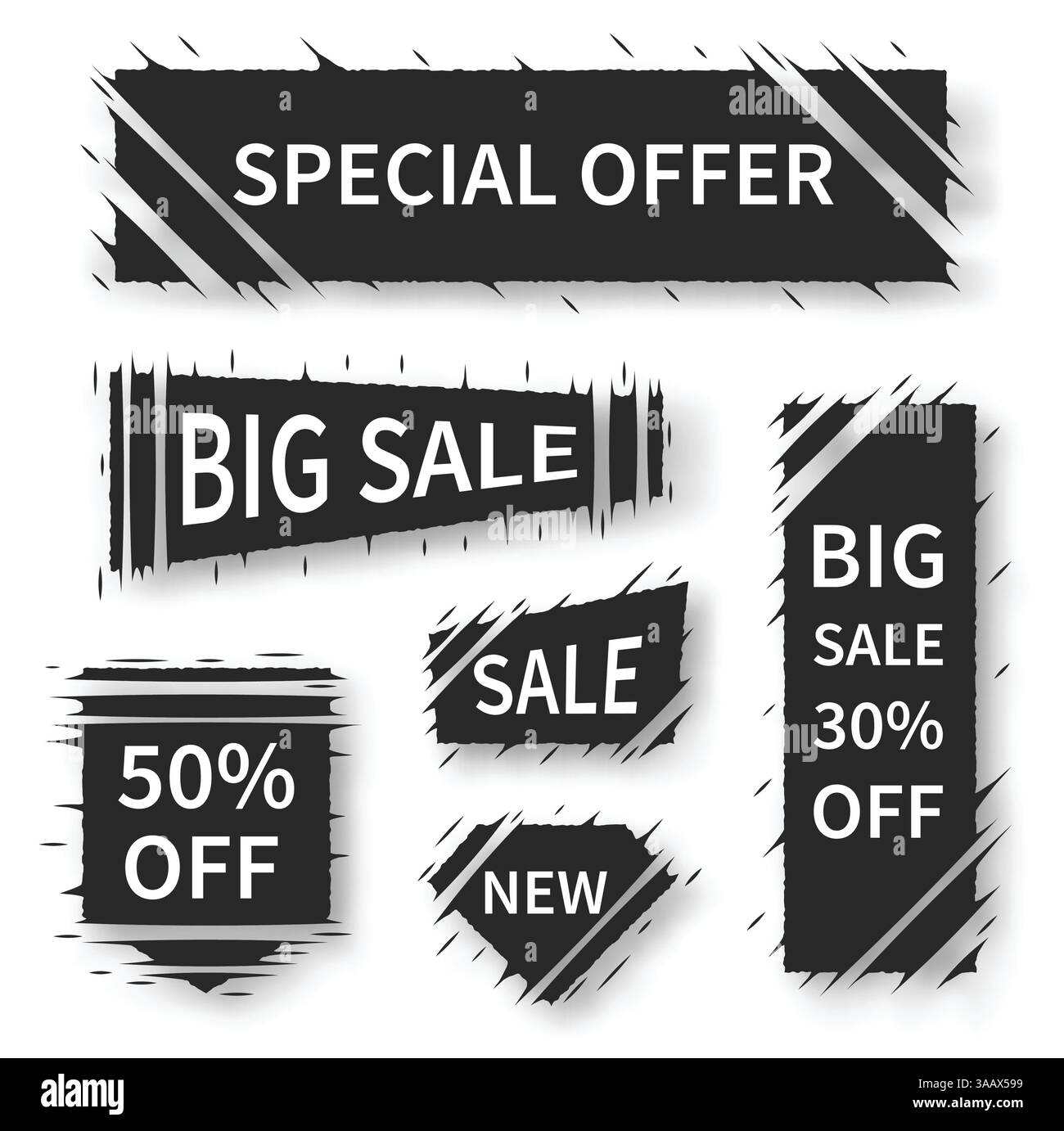 Set di forme geometriche di taglio. Effetto strappato tratti. Forme da a per strappare, tagliare, danneggiare, strappare effetti. Illustrazione vettoriale Illustrazione Vettoriale