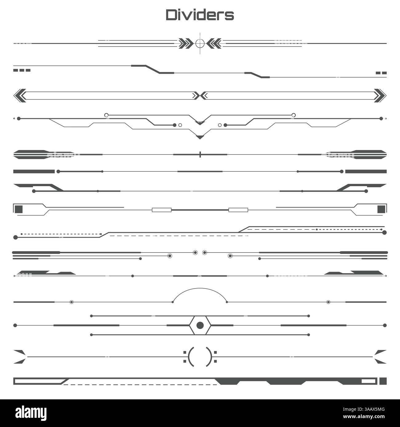 Set di elementi infografici divisori hud neri. Interfaccia utente futuristica. Grafica virtuale. Elementi vettoriali infografici. Pannello cruscotto digitale illus Illustrazione Vettoriale