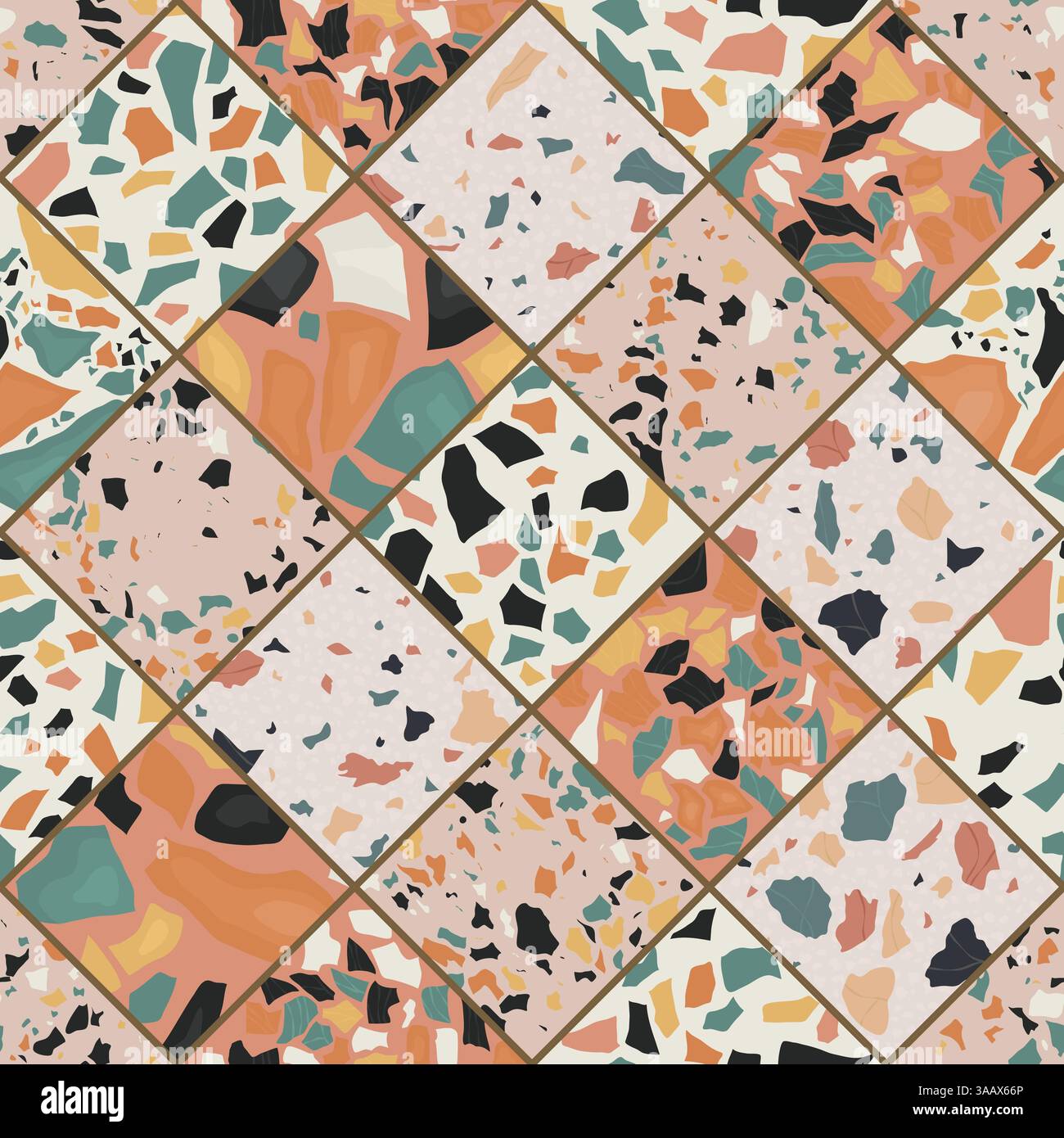 Motivo terrazzo senza cuciture. Sfondo a ripetizione con motivo vettoriale unico e realizzato a mano. Forme in granito dai colori vivaci Illustrazione Vettoriale