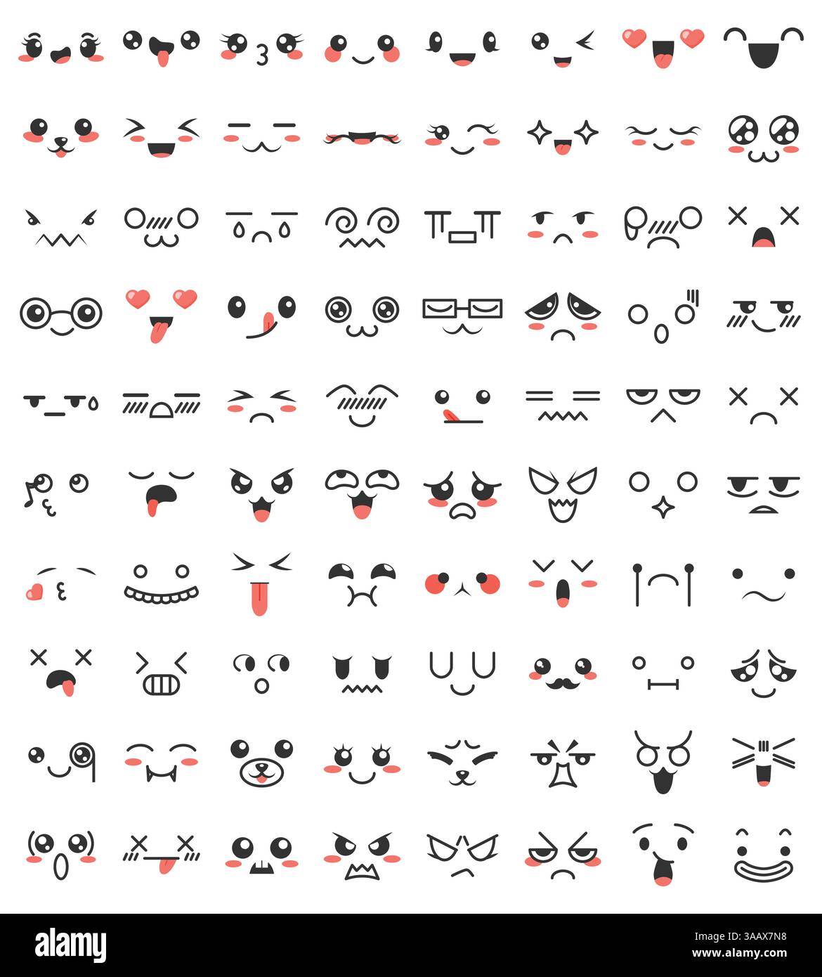 Collezione di bellissimi occhi e bocche kawaii. Doodle è un cartone animato in stile manga. Simpatici personaggi emoticon. Cartoni animati Vector Emotion Smile Illustrazione Vettoriale