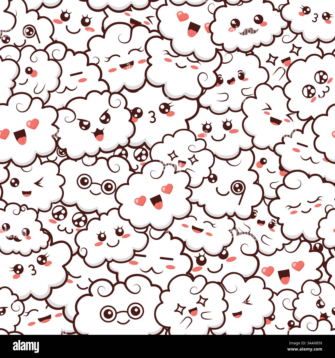 Motivo senza cuciture con graziose nuvole di kawaii. Doodle fumetti dei cartoni animati con volti in stile manga. Simpatici emoticon emoji personaggi disegnati a mano. Emozione Illustrazione Vettoriale