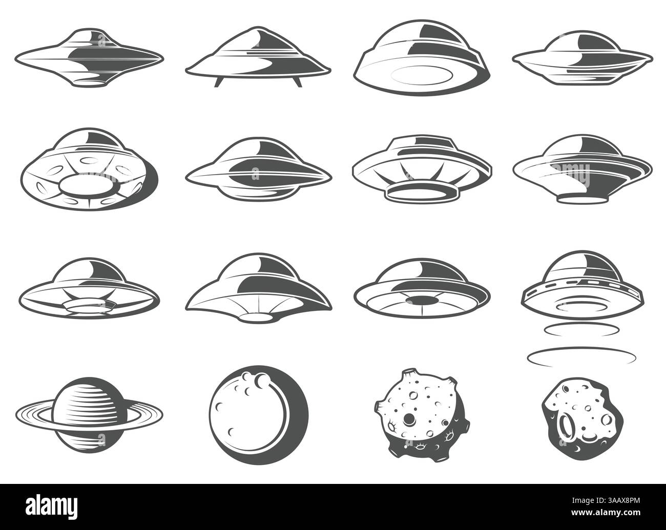 Astronave aliena, astronavi spaziali e set ufo. Nave cosmica in forma di piattino per il trasporto. Set vettoriale UFO Elements monocromatico Illustrazione Vettoriale