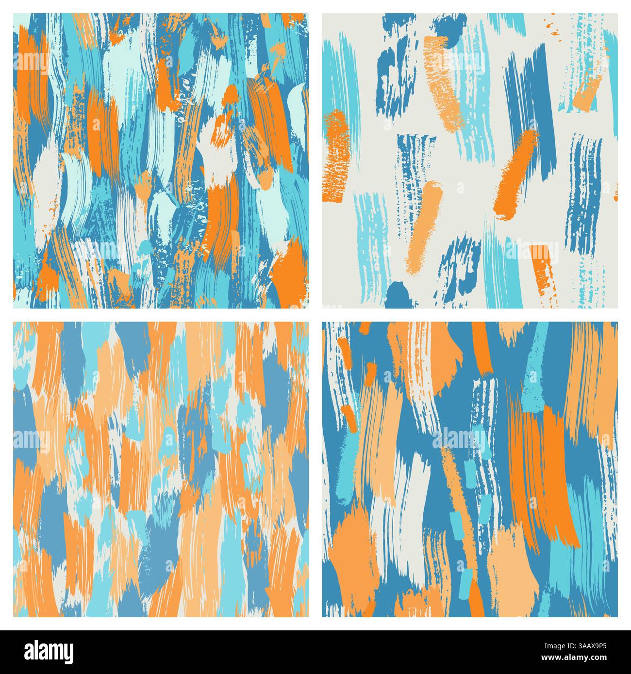 Set di quattro motivi di pennello grunge senza cuciture in colori brillanti. Sfondi vettoriali astratti di tendenza. Sfondi alla moda con texture disegnate a mano e abstra Illustrazione Vettoriale