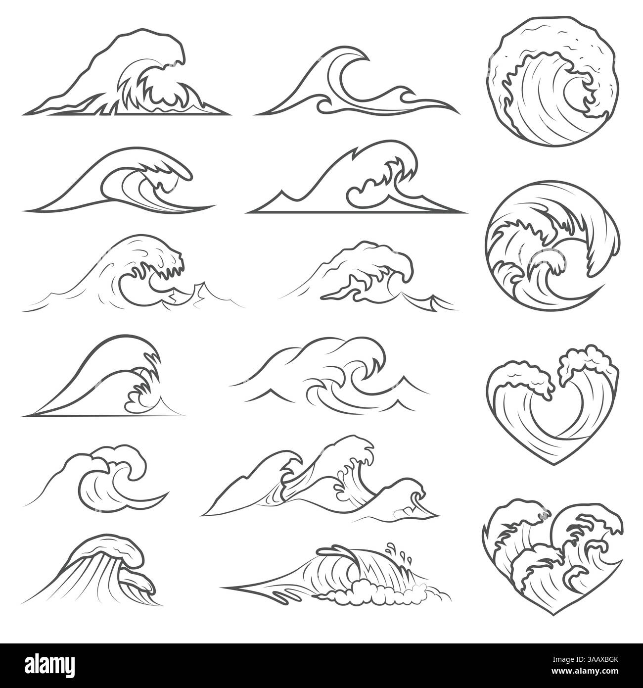 Set vettoriale onde oceaniche. Onda di tempesta marina isolata. Onde, elementi d'acqua impostati. Illustrazione di stile lineare onda naturale tempesta d'acqua Illustrazione Vettoriale